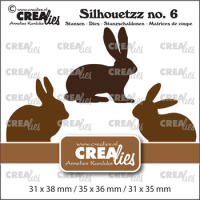 Billede: skæreskabelon 3 kaniner/harer i silhouet, Silhouetzz dies no. 6, 3 Rabbits/Hares, This set consists of 3 dies. 31 x 38 mm / 35 x 36 mm / 31 x 35 mm, CreaLies