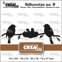 Billede: skæreskabelon 2 fugle med reden fuld af unger i silhouet, Dies Crealies CLSH09, 2 birds and a nest on a branch, Silhouetzz no. 9