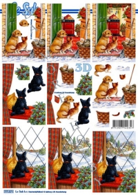 Billede: hvalp og killing kigger på julestegen, hund skotter ud af vinduet, le suh