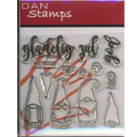 Billede: Stempel Dan Stamps glædelig jul god, FRA NISSEN, 3 gnomer, 2 juletræer og kristtjørn, 2 svampe og lygte