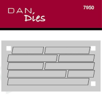 Billede: skæreskabelon DAN Dies Hurtig Tekst Die - Banner, passer sammen med stemplerne d7817 til d7826. Hurtig tekst dien fra Dan Dies passer sammen med Hurtige tekster stemplerne fra Dan Stamps og gør det nemt at lave mange små tekster til ens projekter. Der findes 3 forskellige dies til hurtig teksterne. Original (d7934), Skrå (d7950) og Banner (d7951). Bruges ved at stemple de store tekst blokke først og derefter kan du placere dien henover for at skære dem ud. Tape dien fast så de stemplede firkanter er placeret ens i hver åbning i dien, på den måde flytter de sig ikke imens du kører den igennem din maskine. Du kan selvfølgelig også bruge dien til at skære labels ud til andre stempler end hurtig teksterne. Hver label måler ca. 0,75 cm i højden og imellem 3 og 9 cm i længden. Hele die passer i de fleste små stansemaskiner, f.eks. Sidekick og Cut Easy mini. Husk at vinkle die for at gøre det nemmere at skære ud på de små maskiner.