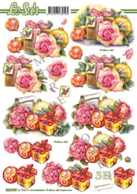 Billede: julegaver, blomster og julekugler, nouvelle