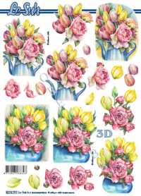 Billede: tulipaner og roser i kande og skål, nouvelle