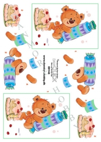 Billede: bamse med knallert ved kage, dan-quick, førpris kr. 6,- nupris