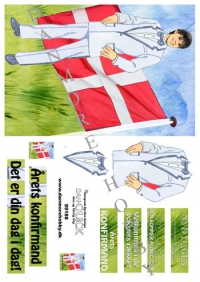 Billede: konfirmand dreng med flagbaggrund, telegram, dan-quick, førpris kr. 6,- nupris