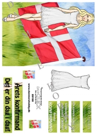 Billede: konfirmand pige med flagbaggrund, telegram, dan-quick, førpris kr. 6,- nupris