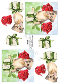 Billede: lille hund ved gave foran roser, dan-quick