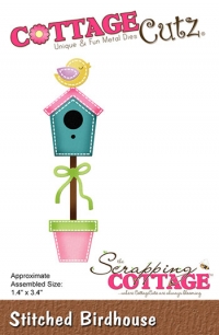 Billede: skæreskabelon fugl på fuglehus i potte, cc-465, stitched birdhouse, CottageCutz, førpris kr. 68,- nupris