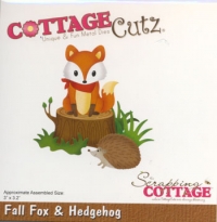 Billede: skæreskabelon ræv på træstub og pindsvin, Dies CottageCutz CC-537 Fall Fox and Hedgehog, førpris kr. 154,00, nupris