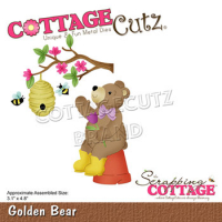 Billede: skæreskabelon bamse på urtepotte og blomstrende gren med bikube, Dies CottageCutz CC-739, Golden Bear