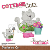 Billede: skæreskabelon kat med haveredskaber og blomsterkurv, Dies CottageCutz CC-742, Gardening Cat