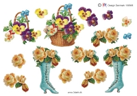 Billede: stedmoderblomster i kurv, roser i støvle, hm-design, førpris kr. 6,-