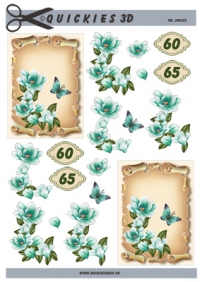Billede: 2 tags med turkise blomster og 60 og 65, quickies, førpris kr. 6,- nupris