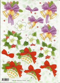 Billede: juleklokker, blomst og julekugle med sløjfe, Anne Design, førpris kr. 6,- nupris