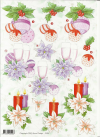 Billede: julekugler, champagneglas i blomst og julekugler, julelys og blomst, Anne Design, førpris kr. 6,- nupris