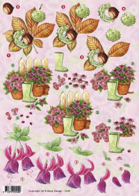 Billede: kastanie på blad, gummistøvler og potteplanter ved hegn, blomst, Anne Design, førpris kr. 6,- nupris