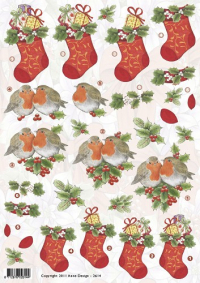 Billede: julesok med gaver og fugle på kristtjørn, Anne Design, førpris kr. 6,- nupris