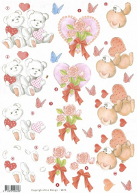 Billede: kærlige bamser og roser i hjerte, Anne Design, førpris kr. 6,- nupris