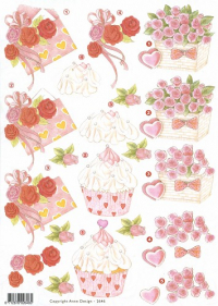 Billede: roser på brev, cupcake og roser i kurv, Anne Design, førpris kr. 6,- nupris