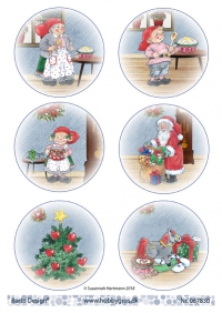 Billede: 6 cirkler med nissefamilien, juletræ og gaver, barto design