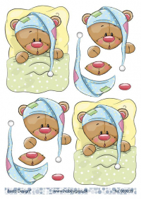 Billede: en lille godnatbamse i lyseblå nathue, barto design