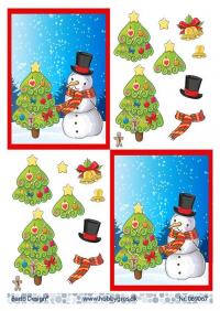 Billede: snemand ved pyntet juletræ, barto design