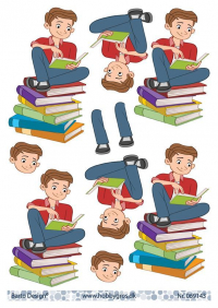 Billede: læsende dreng på en stak bøger, barto design