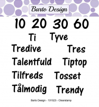 Billede: BARTO DESIGN STEMPEL “Ordspil 1 med T-ord, 10, 20, 30, 60, Ti, Tyve, Tredive, Tres, Talentfuld, Tiptop, Tilfreds, Tosset, Tålmodig, Trendy, Største: 4,4x0,9cmførpris kr. 48,- nupris