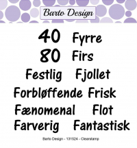 Billede: BARTO DESIGN STEMPEL “Ordspil 2 med F-ord, 40, 80, Fyrre, Firs, Festlig, Fjollet, Forbløffende Frisk, Fænomenal, Flot, Farverig, Fantastisk, Største: 5,5x1cm
