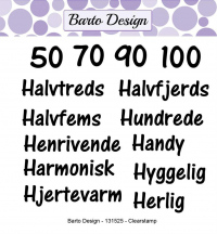 Billede: BARTO DESIGN STEMPEL “Ordspil 3 med H-ord, 50, 70, 90, 100, Halvtreds, Halvfjerds, Halvfems, Hundrede, Henrivende, Handy, Harmonisk, Hyggelig, Hjertevarm, Herlig,  Største: 5x1cm, førpris kr. 60,- nupris