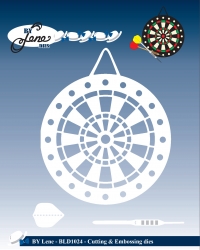 Billede: skæreskabelon dartskive med pil, BY LENE DIES “Dartboard & Arrows” BLD1024, Dartboard: 7,8x9cm, førpris kr. 84,00, nupris