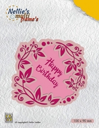 Billede: skæreskabelon NELLIE SNELLEN MULTIFRAME “Flower Wreath – Happy Birthday” MFD112, 100x90mm, førpris kr. 80,- nupris 