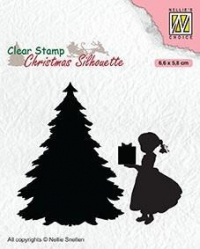 Billede: stempel juletræ og pige med gave, NS Clearstamp 