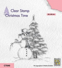 Billede: stempel snemand ved grantræ, Nellie Snellen Clearstamp “Snowman