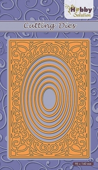 Billede: skæreskabelon rektangulær svirvelramme, NS HOBBY SOLUTION DIES “Oval Swirl Frame” HSFD029, 95x140mm, førpris kr. 100,-, nupris