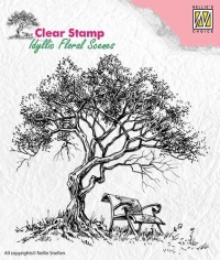 Billede: Nellie Snellen Clearstamp “Idyllic floral scene” IFS007, havebænk under kroget træ, førpris kr. 32,- nupris