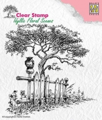 Billede: Nellie Snellen Clearstamp “Idyllic floral scene” IFS008, ugle på hegn under træ, førpris kr. 32,- nupris