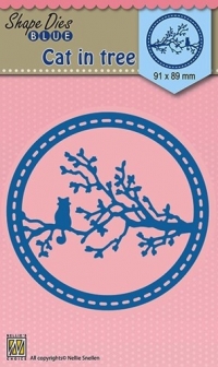 Billede: skæreskabelon kat på gren i ring, NS SHAPE DIES BLUE “Cat in tree” SDB020, 91x89mm, førpris kr. 62,- nupris