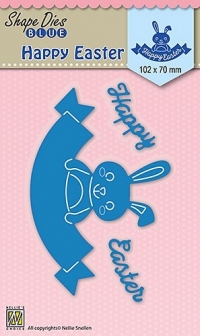 Billede: skæreskabelon påskehare på skilt, NS SHAPE DIES BLUE “Happy easter” SDB033, 102x70mm, førpris kr. 52,- nupris