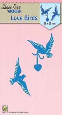 Billede: skæreskabelon 2 kærlige duer og et hjerte, NS SHAPE DIES BLUE “Love birds” SDB038, 66x56mm