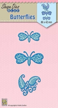 Billede: skæreskabelon 2 sommerfugle og blade, NS SHAPE DIES BLUE “Butterflies” SDB039, 86x42mm