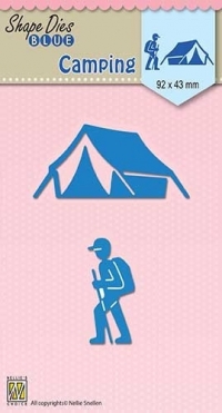 Billede: skæreskabelon telt og vandringsmand, NS SHAPE DIES BLUE “Backpack Camping” SDB047