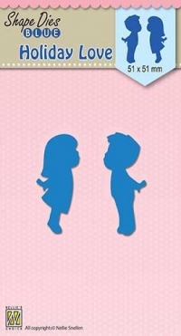 Billede: skæreskabelon kærlige børn, NS SHAPE DIES BLUE “Holiday Love” SDB048, 51x51mm, førpris kr. 28,- nupris