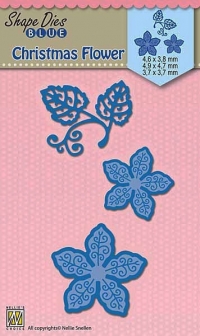 Billede: skæreskabelon juleblomst med blad, NS SHAPE DIES BLUE “Christmas Flower” SDB060, 46x38 / 49x87mm, førpris kr. 34,- nupris