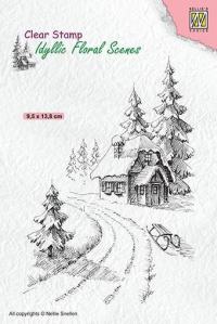 Billede: stempel snedækket hus ved vejen, NS Clearstamp “Wintery House
