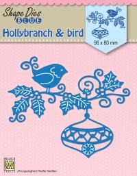 Billede: skæreskabelon fugl på julegren med julekugle, NS SHAPE DIES BLUE “Holly Branch, Bauble & Bird” SDB064, 96x80mm, førpris kr. 54,- nupris