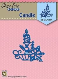 Billede: skæreskabelon julelys i stage med pynt, NS SHAPE DIES BLUE “Christmas Candles” SDB067, 55x57mm, førpris kr. 30,- nupris