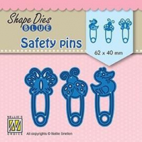 Billede: skæreskabelon 3 sikkerhedsnåle med figurer, NS SHAPE DIES BLUE “Safety pins” SDB079, 62x40mm
