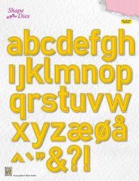 Billede: skæreskabelon alfabet små bogstaver i stor størrelse, NS SHAPE DIES “Alphabet Large” SD176, a: 28x38mm, førpris kr. 150,- nupris 