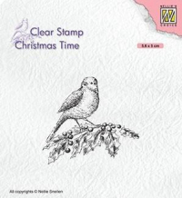 Billede: stempel fugl på julegren, NS Clearstamp 
